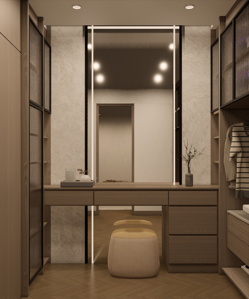 Desain lemari pakaian minimalis modern dengan cermin dan meja rias, ideal untuk ruang kamar tidur minimalis.