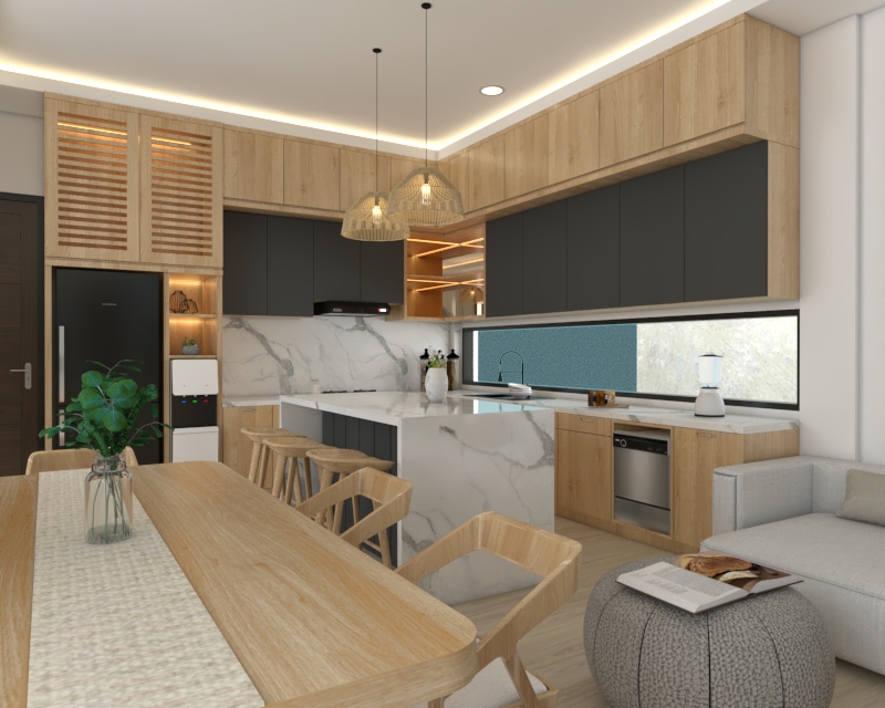 Desain interior dapur minimalis modern dengan meja makan kayu dan pulau dapur marmer, cocok untuk jasa desain interior rumah