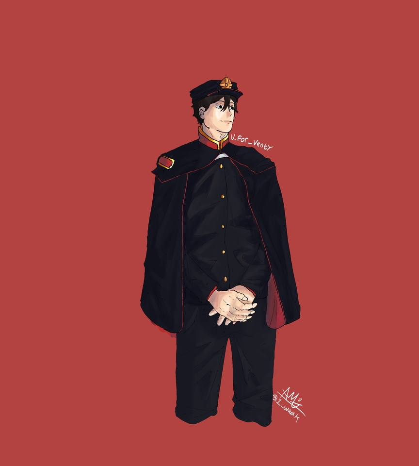 Ilustrasi seorang pria berpakaian seragam dengan topi berwarna merah sedang berpose.