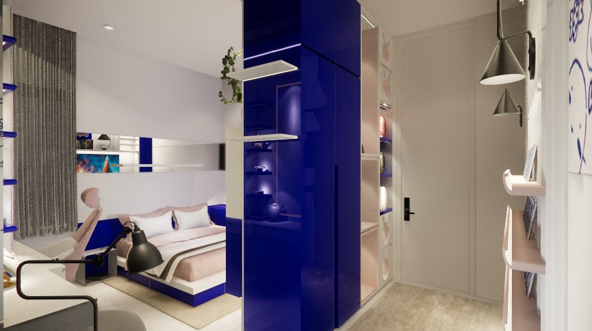 Jasa desain interior 3d untuk desain ruang tidur minimalis dengan lemari warna biru tua dan ranjang kayu.