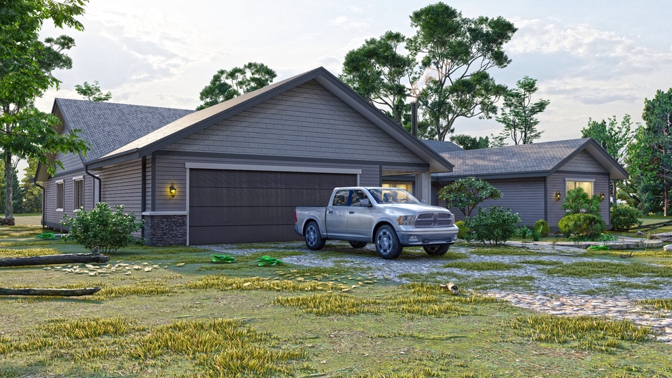 Jasa pembuatan animasi 3d untuk rumah dengan mobil pick up di depan rumah