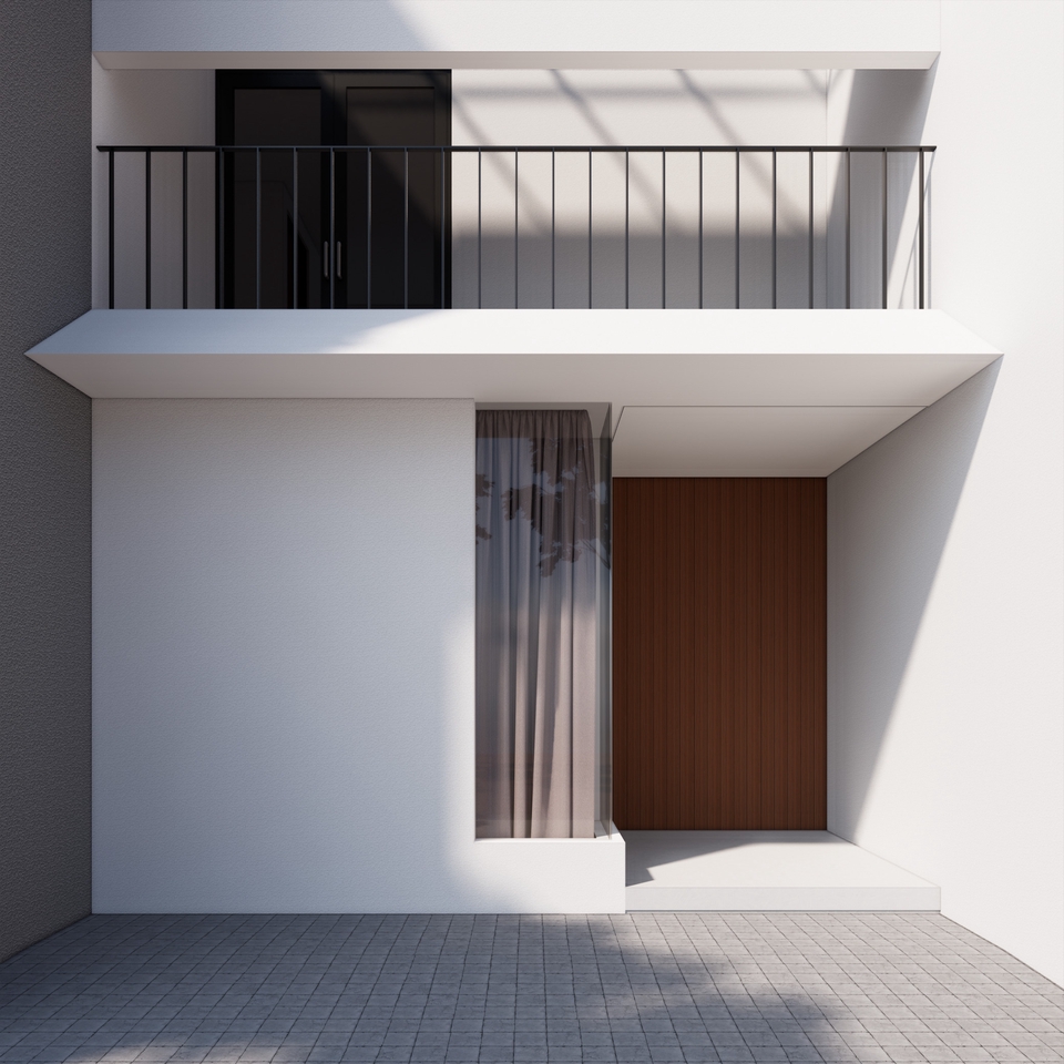 Jasa desain exterior rumah minimalis modern dengan balkon dan pintu kayu