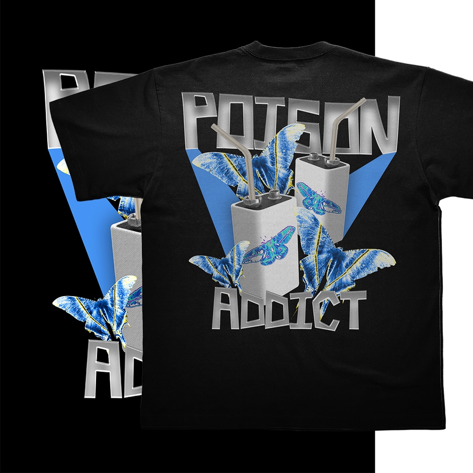 Desain kaos custom dengan motif kupu-kupu dan tulisan Poison Addict, desain kaos pria, desain kaos distro, jasa desain kaos
