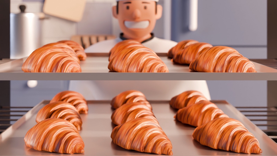 Ilustrasi kartun roti croissant di rak toko roti dengan seorang koki pria