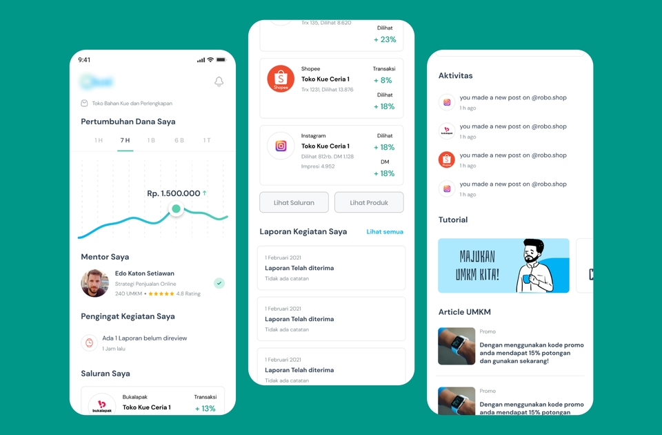 Desain aplikasi UI UX mobile menampilkan laporan kinerja,  peringkat, dan pertumbuhan dana, serta beberapa informasi tentang aktivitas dan tutorial.