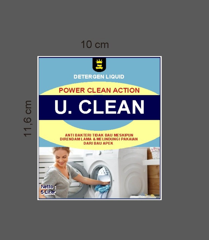Detergen cair U. Clean, power clean action, anti bakteri, melindungi pakaian dari bau apek, netto 5 liter.