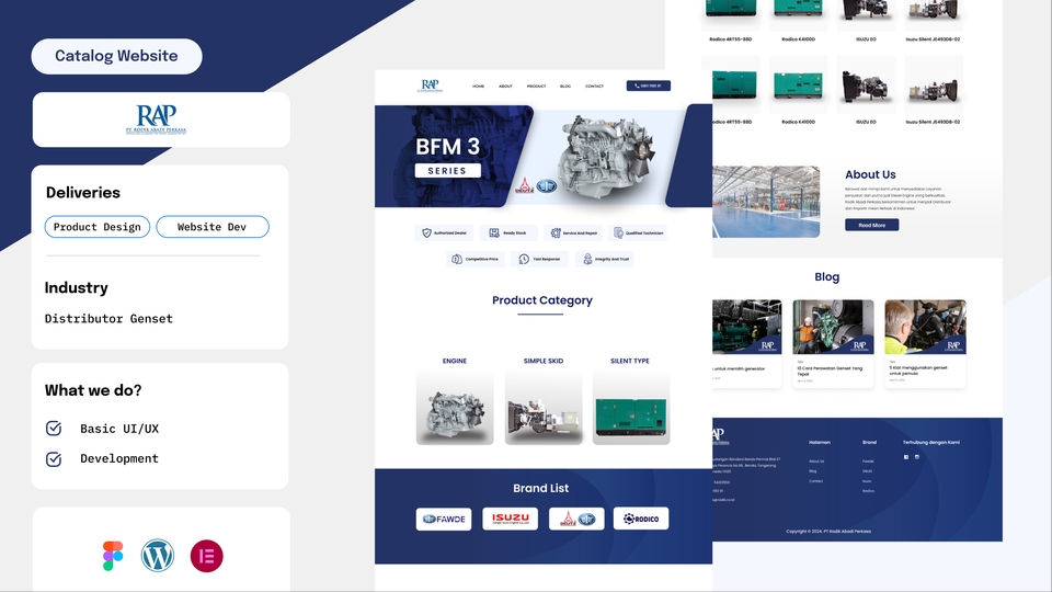Jasa pembuatan website profesional dan modern untuk perusahaan distributor Genset, termasuk desain UI UX dan pengembangan website WordPress.