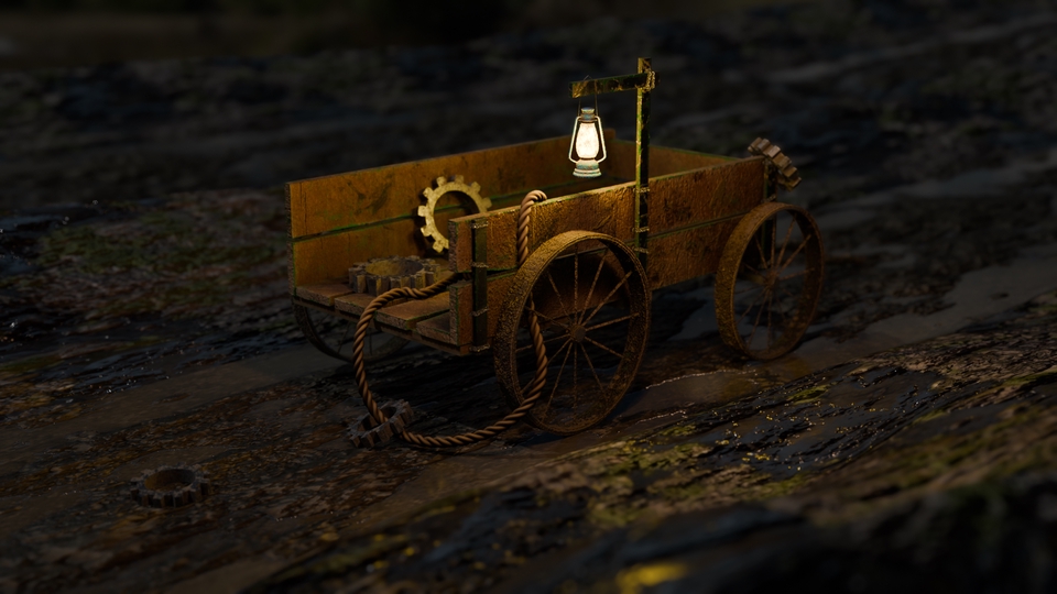 Jasa pembuatan video animasi 3d dengan kereta dorong tua dan lampu minyak
