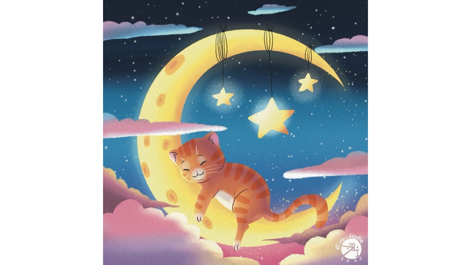 Ilustrasi kucing lucu tidur di bulan dengan latar belakang bintang