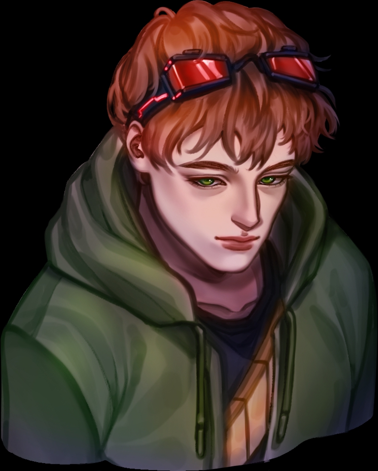 Ilustrasi digital pria berambut merah dengan kacamata merah menggunakan jaket hijau