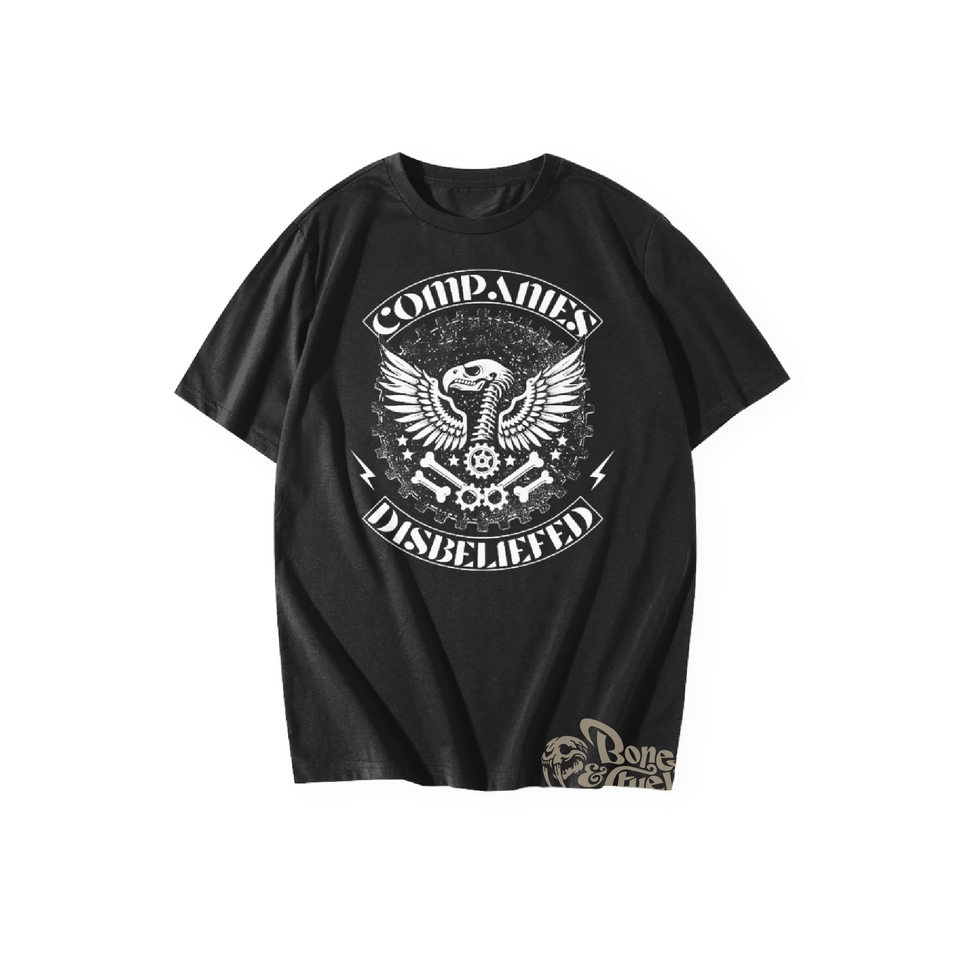 Desain kaos distro pria dengan gambar burung elang dan tulisan Companies Disbelieved