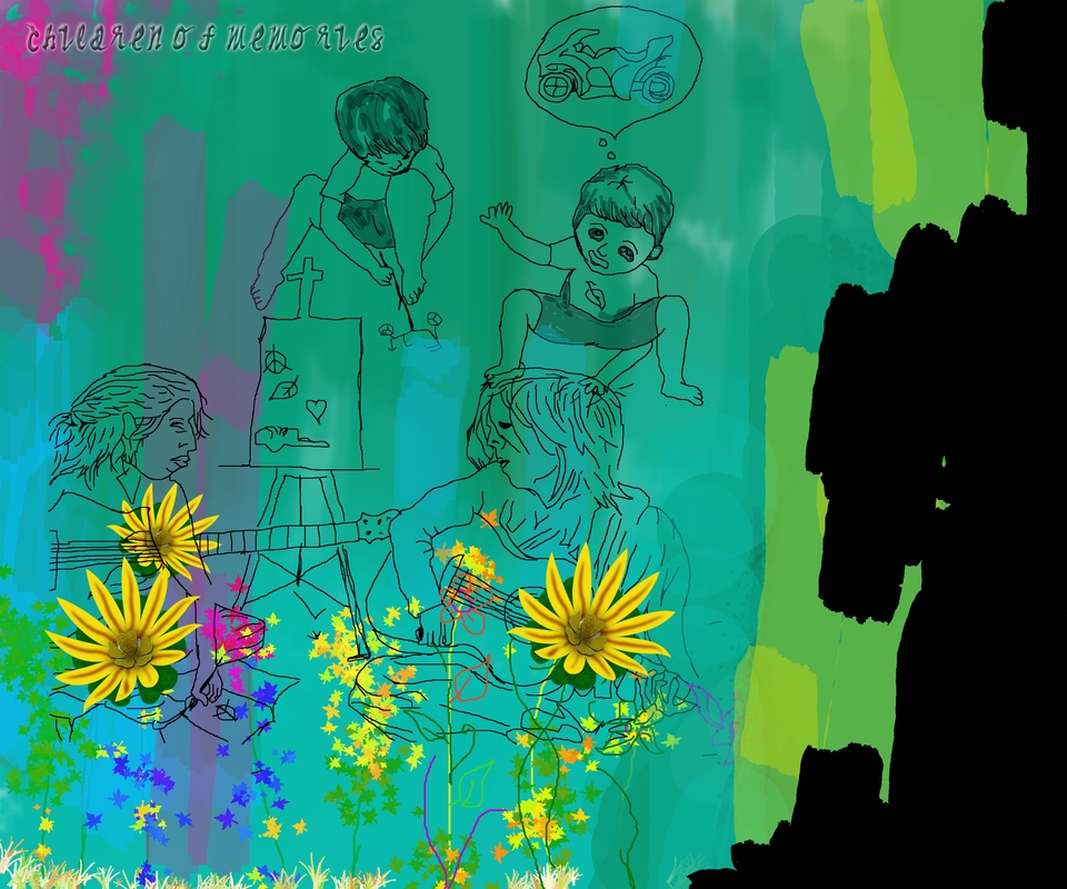 Ilustrasi digital anak-anak sedang bermain musik dan menggambar dengan latar belakang alam yang indah.