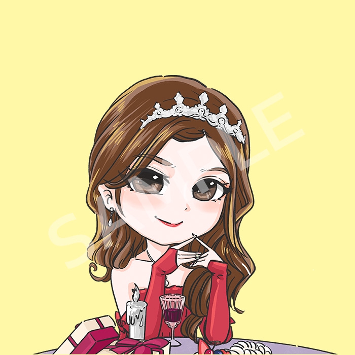 รับวาดรูปการ์ตูน สไตล์อนิเมะ หญิงสาวสวมมงกุฎ มีของขวัญและไวน์บนโต๊ะ จ้างวาดรูปการ์ตูนน่ารัก