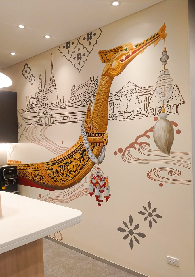 รับเพ้นท์ผนัง 3 มิติ ลายเรือพระที่นั่ง วัดอรุณ