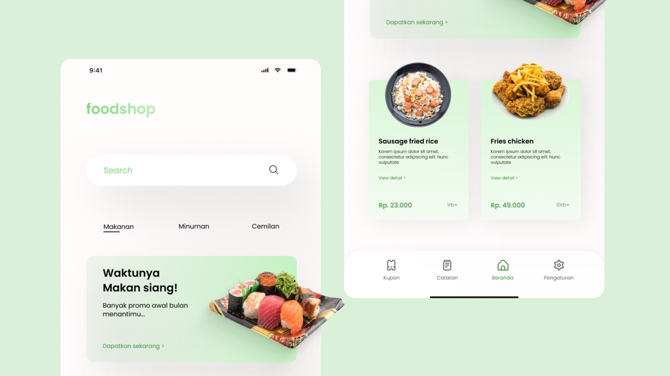 Desain UI UX untuk aplikasi mobile dengan tampilan mockup makanan dan minuman, fitur pencarian dan menu utama aplikasi mobile.