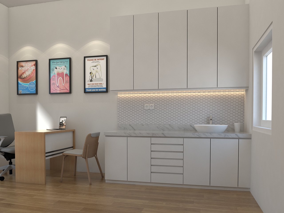 Desain interior ruang kerja modern dengan meja kerja minimalis dan lemari penyimpanan.