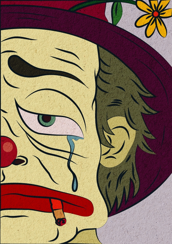 Ilustrasi digital seorang badut dengan topi dan bunga sedih sambil merokok