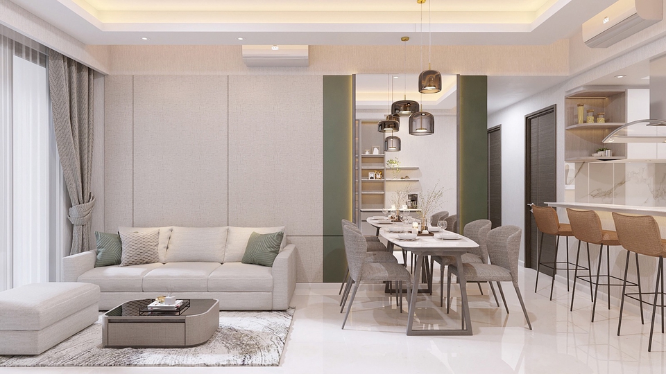 Jasa desain interior apartemen modern minimalis dengan sofa dan meja makan