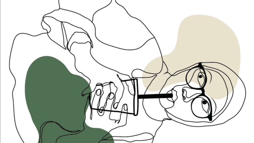 Ilustrasi kartun wanita minum minuman dalam cup dengan latar belakang hijau dan abu-abu.