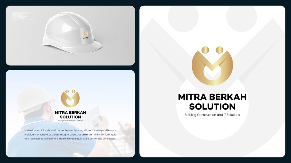 Desain logo Mitra Berkah Solution untuk bisnis konstruksi dan IT, menampilkan logo dengan ikon dua orang di dalam lingkaran emas.