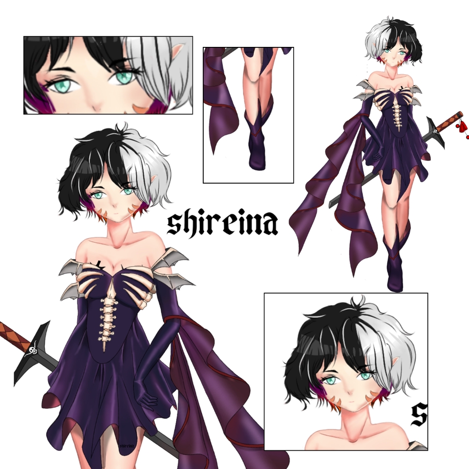 Jasa desain karakter vtuber anime wanita dengan rambut putih dan hitam, menggunakan kostum dengan aksen tulang dan bulu.