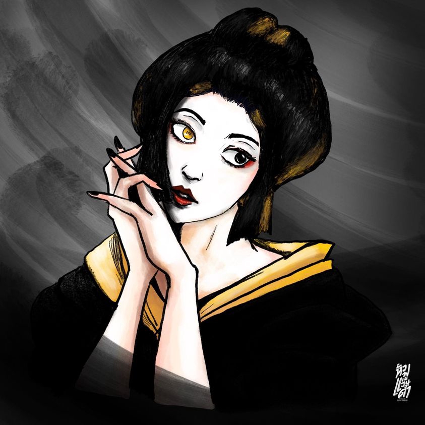 วาดแฟนอาร์ต ผู้หญิง ผมดำ แต่งตัวชุดกิโมโน แฟนอาร์ตการ์ตูน