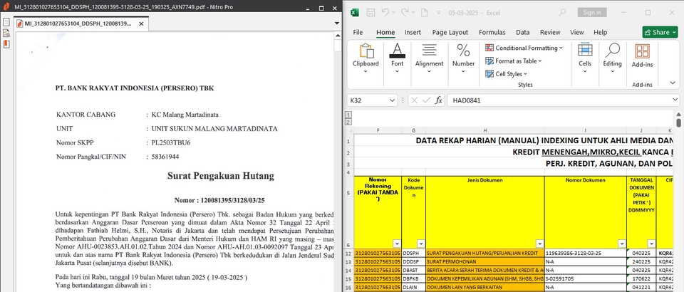 Jasa data entry excel untuk memasukkan data dari laporan surat pengakuan hutang ke dalam tabel data rekap harian.
