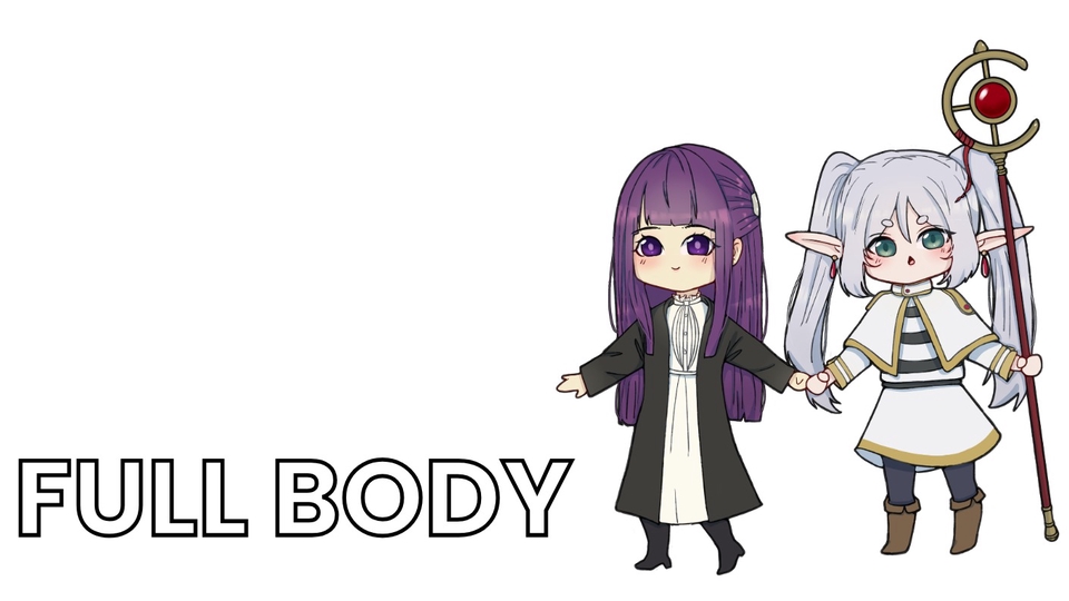 Ilustrasi full body dua gadis anime, salah satunya dengan sayap dan memegang tongkat sihir