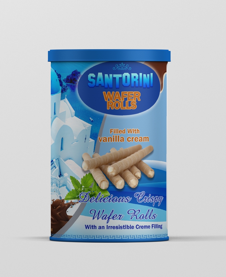 Kemasan desain produk wafer roll dengan warna biru dan ilustrasi wafer dan krim vanilla.