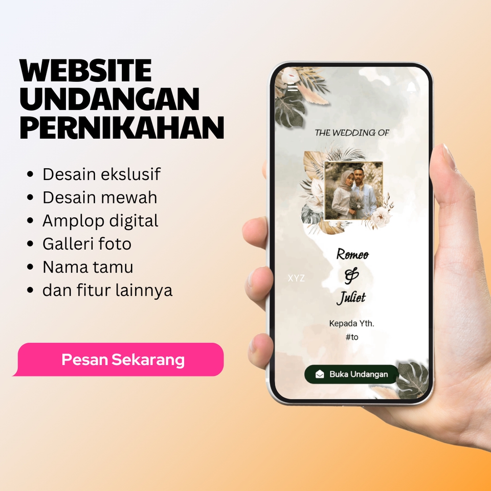 Jasa Desain Kartu Ucapan Pernikahan Digital dengan desain eksklusif, amplop digital, galeri foto, dan fitur lainnya.