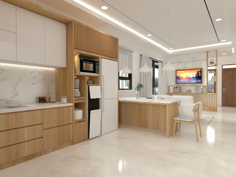 Desain interior dapur dan ruang makan modern minimalis dengan desain 3d