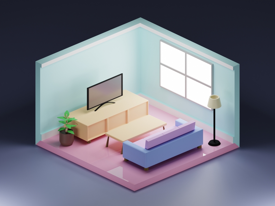 Desain interior minimalis ruang tamu dengan sofa biru, televisi, dan tanaman hijau.