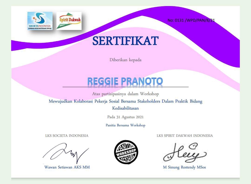 Sertifikat pengembangan diri workshop kolaborasi pekerja sosial bersama stakeholders dalam praktik bidang kedisabilitas.