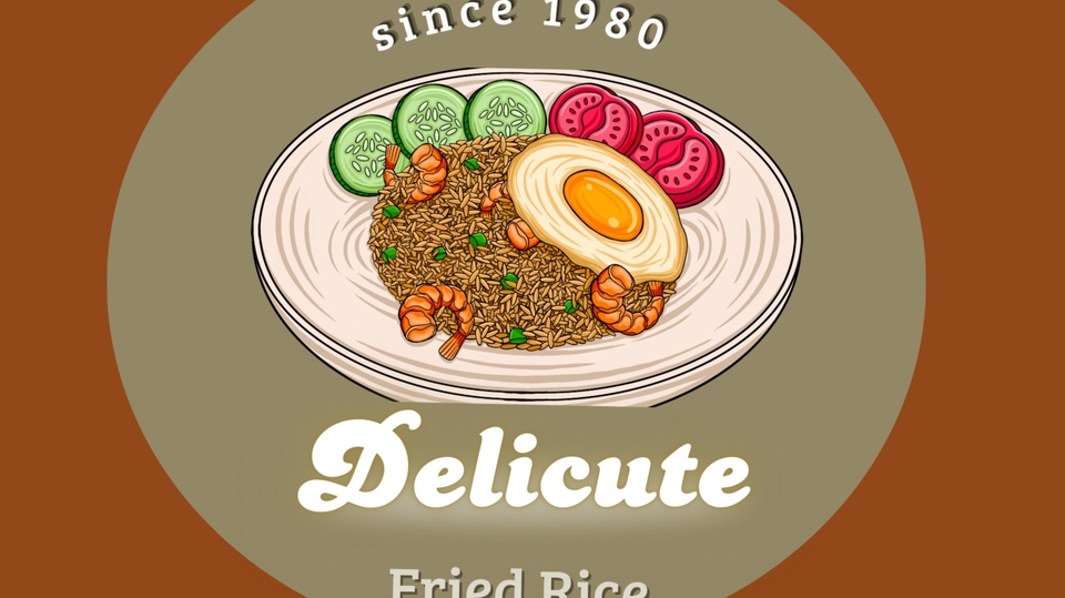 Desain logo restoran dengan gambar nasi goreng dan telur mata sapi, layanan jasa desain logo online di Indonesia.