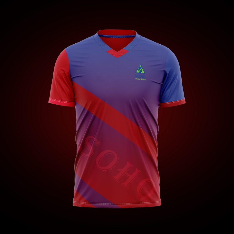 Desain jersey bola custom dengan warna merah dan biru untuk tim sepak bola.
