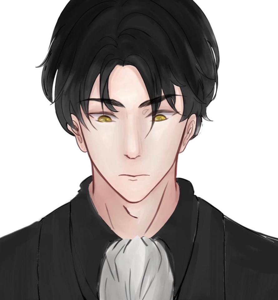 รับวาดรูปการ์ตูนอนิเมะชาย ผมดำ ตาเหลือง แต่งชุดสุภาพ สไตล์มินิมอล ภาพวาดการ์ตูนน่ารัก
