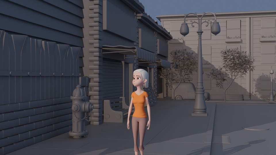 รับทำอนิเมชั่น 3d ตัวละครหญิงยืนในเมือง