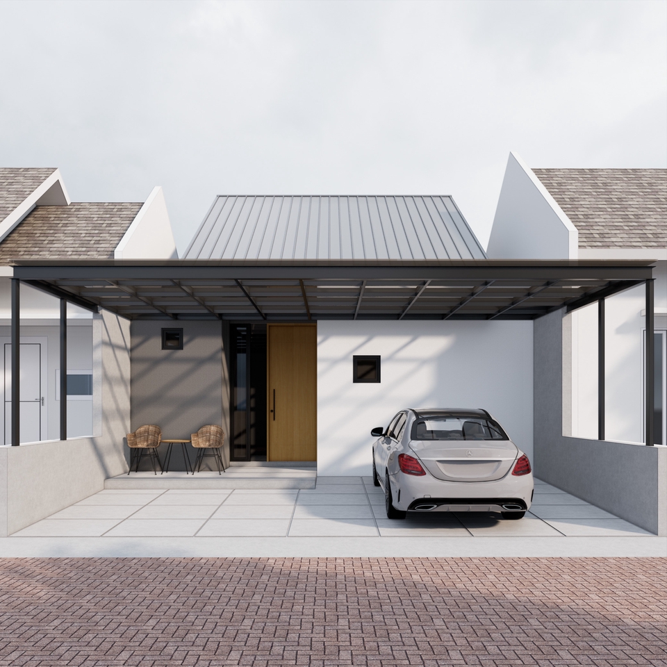 Jasa desain exterior 3d rumah minimalis modern dengan carport dan taman depan