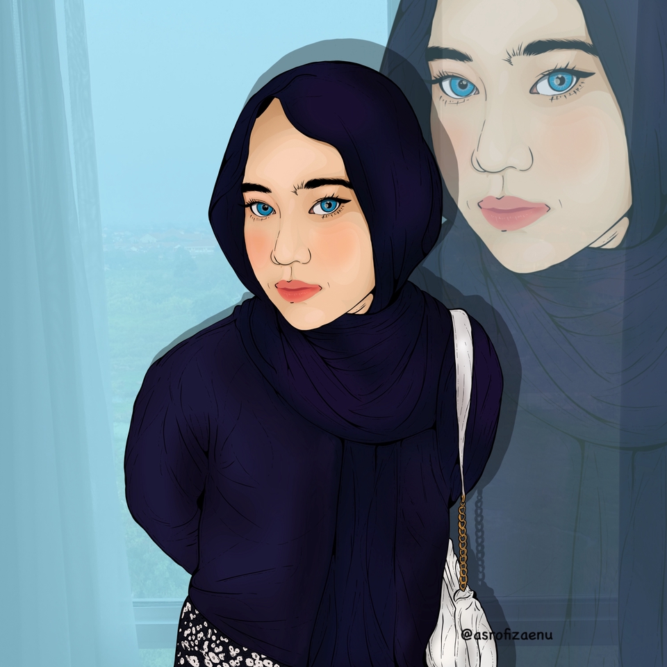 Jasa desain vektor karikatur wajah wanita dengan hijab warna biru gelap dan latar belakang biru muda.