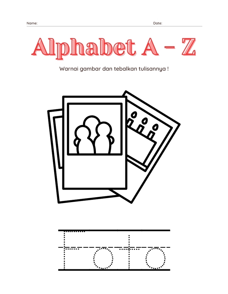 Gambar ilustrasi anak-anak sedang berfoto di depan kamera, cobalah warnai gambar ini dan tulis kata FOTO.