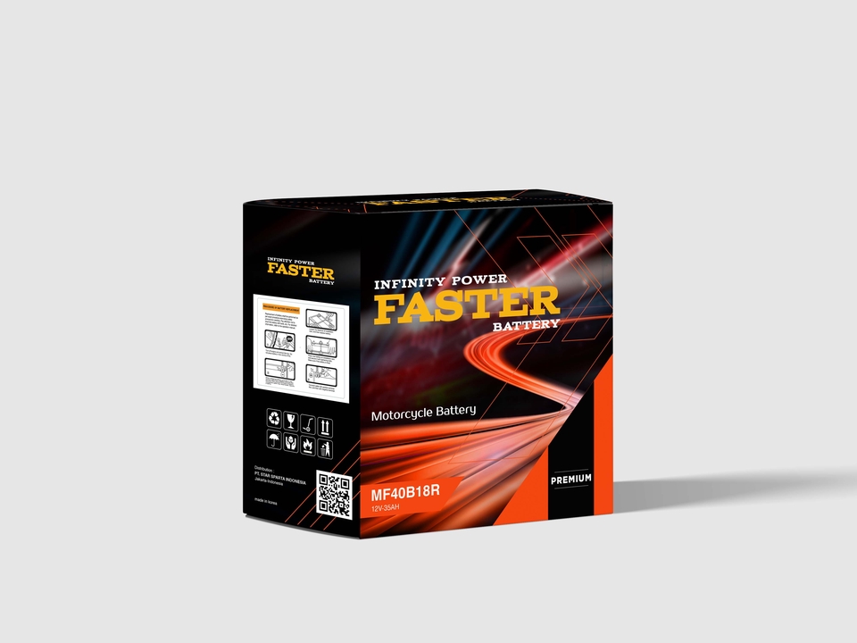 Desain kemasan kotak makanan dengan branding "Faster Infinity Power Battery", desain kemasan yang unik untuk produk baterai motor.