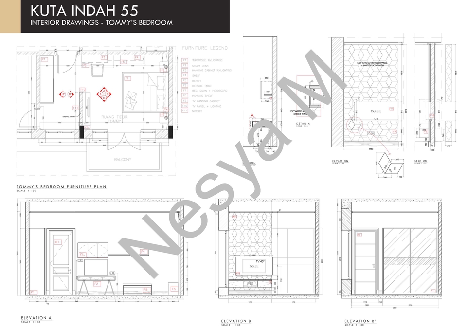 Jasa drafter interior murah untuk desain kamar tidur Tommy di Kuta Indah 55 dengan detail furnitur dan elevasi.