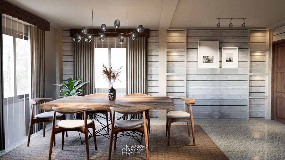 รับออกแบบตกแต่งภายในบ้านสไตล์โมเดิร์น มีโต๊ะทานข้าวไม้และเก้าอี้ดีไซน์สวย