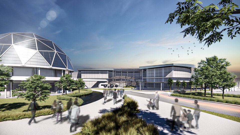 ออกแบบ perspective โมเดลบ้าน 3 มิติ: ภาพเรนเดอร์ 3D แสดงมุมมองอาคารทรงโดมและอาคารพาณิชย์ รับออกแบบบ้าน 3d ราคาถูก