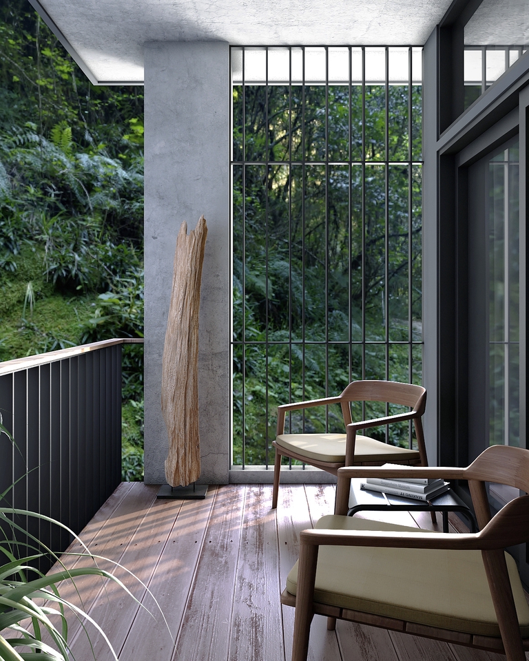 Desain interior balkon minimalis dengan kursi kayu dan pemandangan taman hijau, jasa desain interior rumah, jasa desain interior apartemen, desain interior kantor.