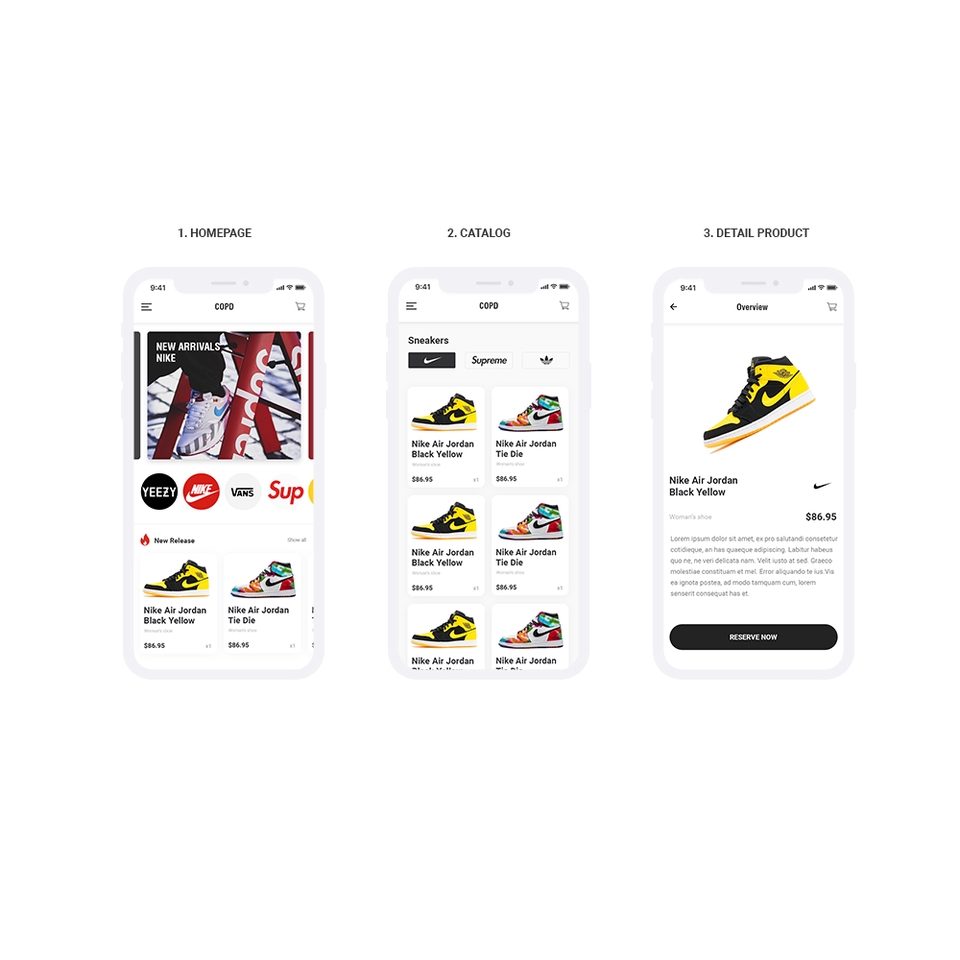 Desain UI UX aplikasi mobile untuk toko sepatu dengan contoh tampilan home, catalog dan detail produk