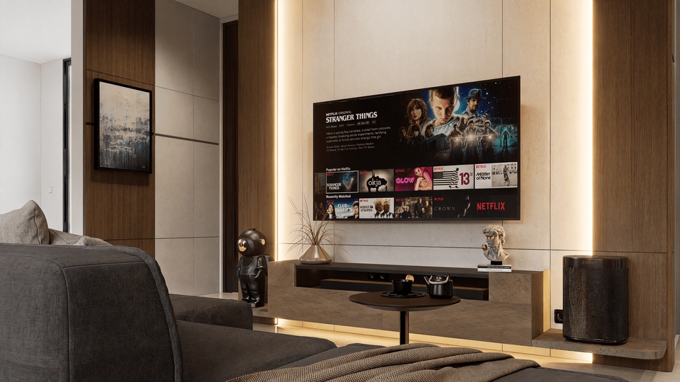 Jasa desain interior rumah minimalis modern dengan tv dan sofa
