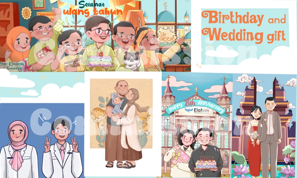 Ilustrasi pernikahan dan ulang tahun dengan berbagai karakter kartun lucu dan tema desain yang unik.