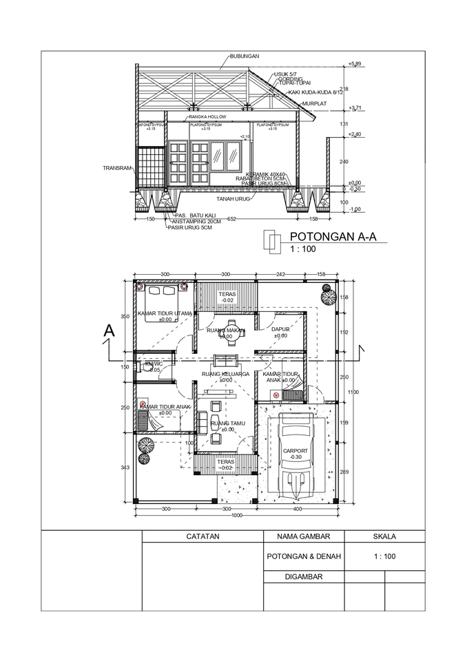 CAD Drawing - GAMBAR KERJA RUMAH SEDERHANA / TUGAS SEKOLAH-KULIAH / DLL - 5