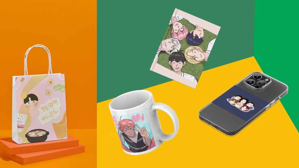 Jasa ilustrasi digital dengan desain mug, tas tote bag, dan case hp dengan gambar anime dan ilustrasi makanan